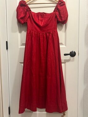 Reformation Marella Linen Red Puff-Sleeve Maxi Dress